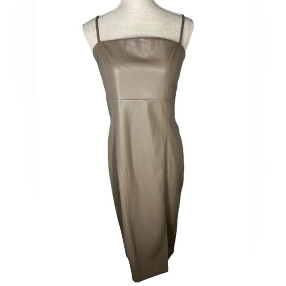 Express Tan Body Contour Faux Leather Cami Strap Midi Dress - Picture 3 of 9